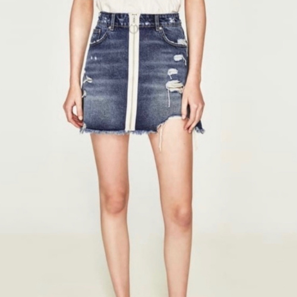 Zara Denim Zip Front Distressed Cutoff Mini Skirt